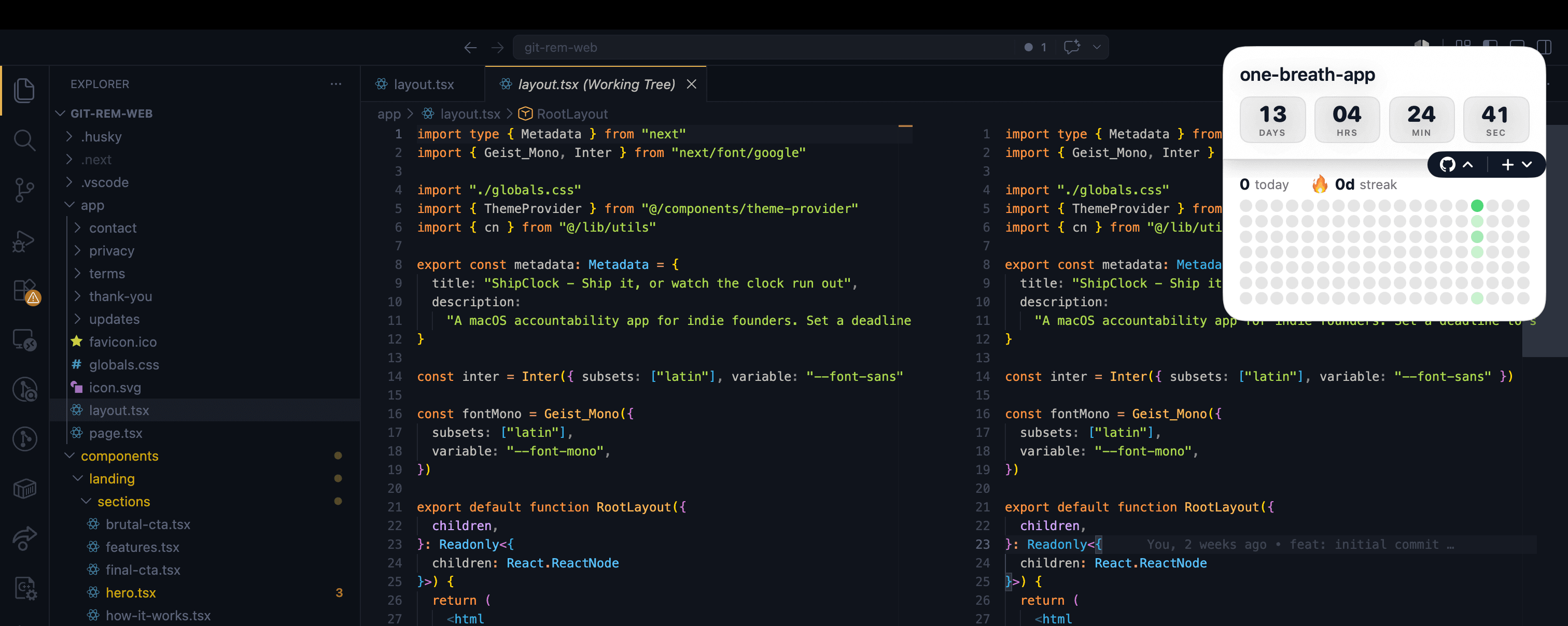 ShipClock's widget floating above a code editor, showing a live countdown and commit streak